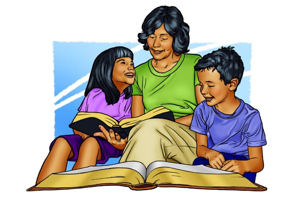 Illustration of a woman reading the Bible with two children
